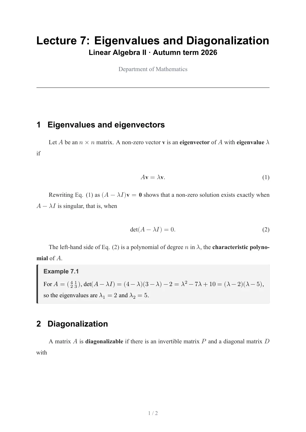 Lecture 7: Eigenvalues and Diagonalization — 1